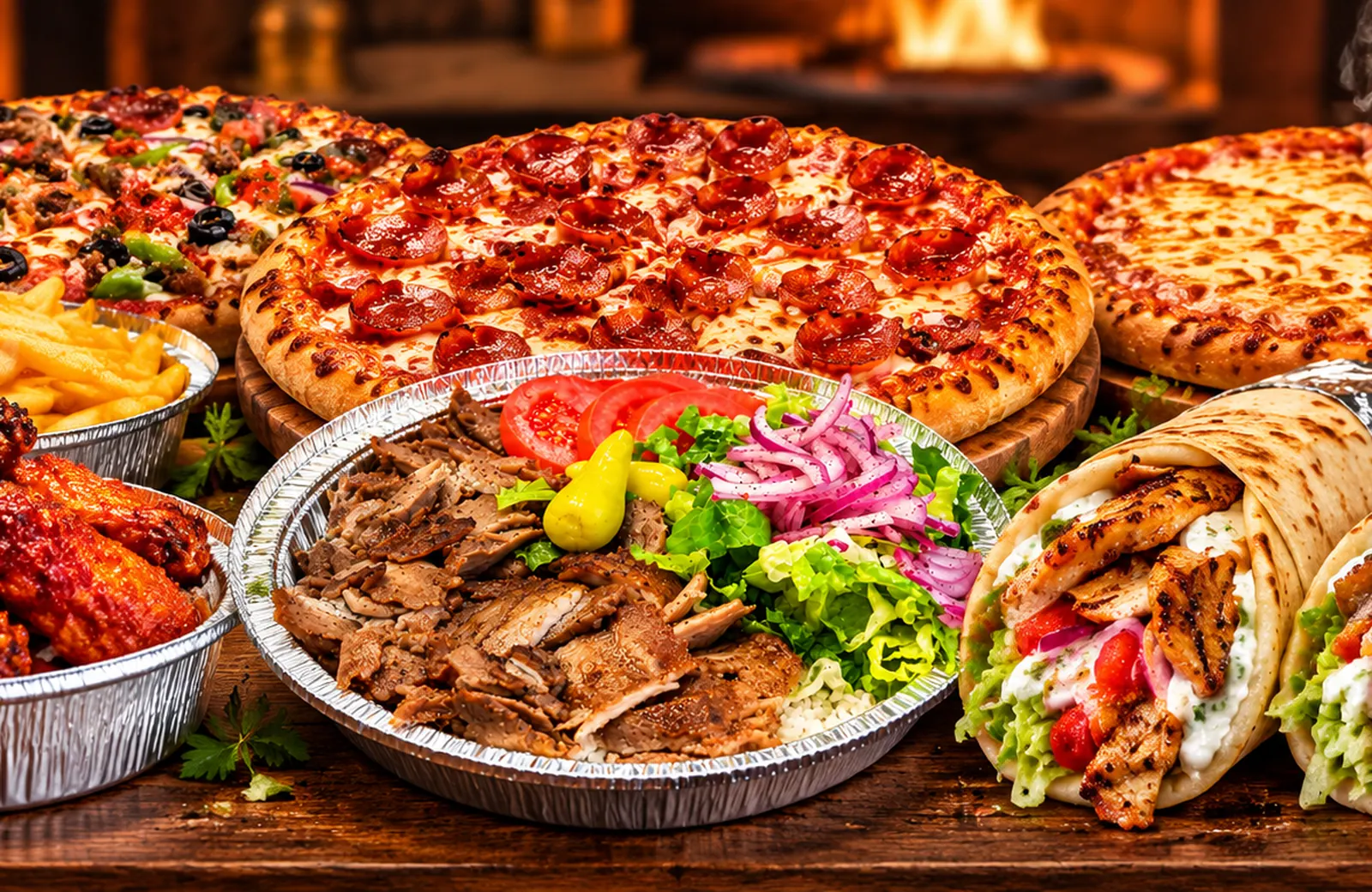 Pizzas, gyro platter, wings and wraps on a wooden table