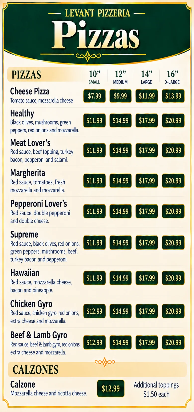 Pizza menu page